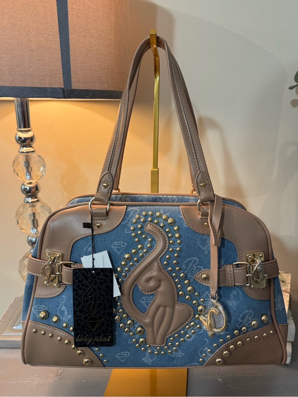 Baby Phat Y2K Handbag, blue denim and tan leather
